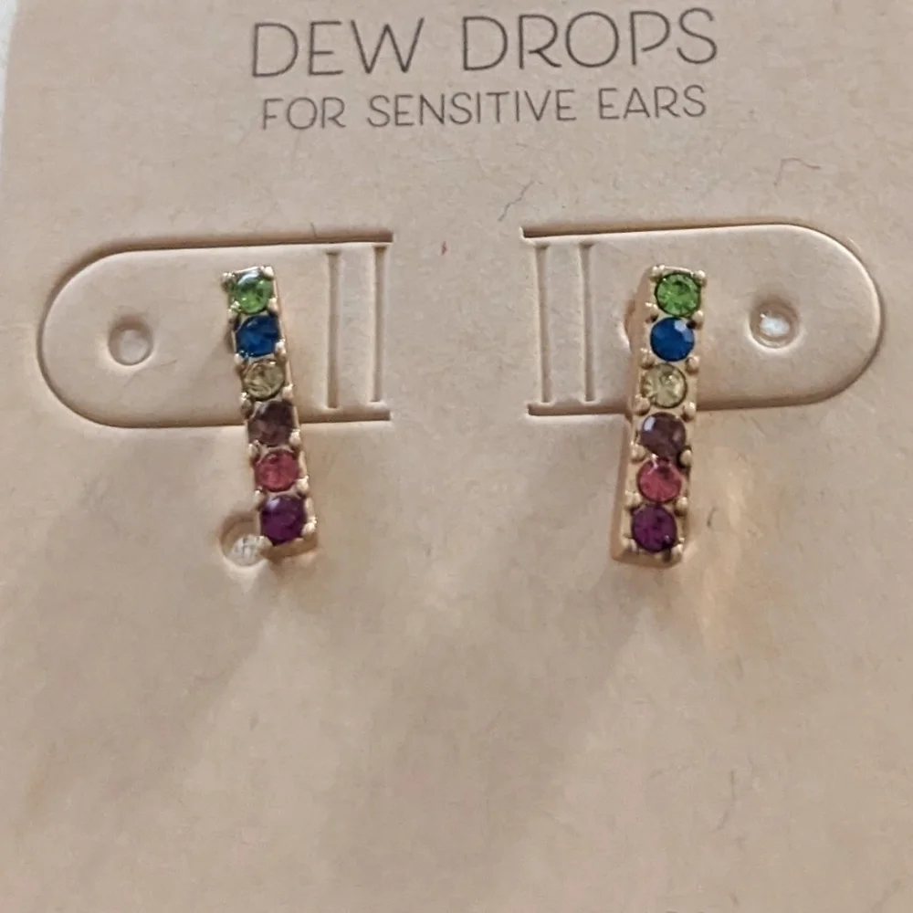 Dew Drops Brand hypoallergenic earrings for sensitive ears, multicolor crystals.